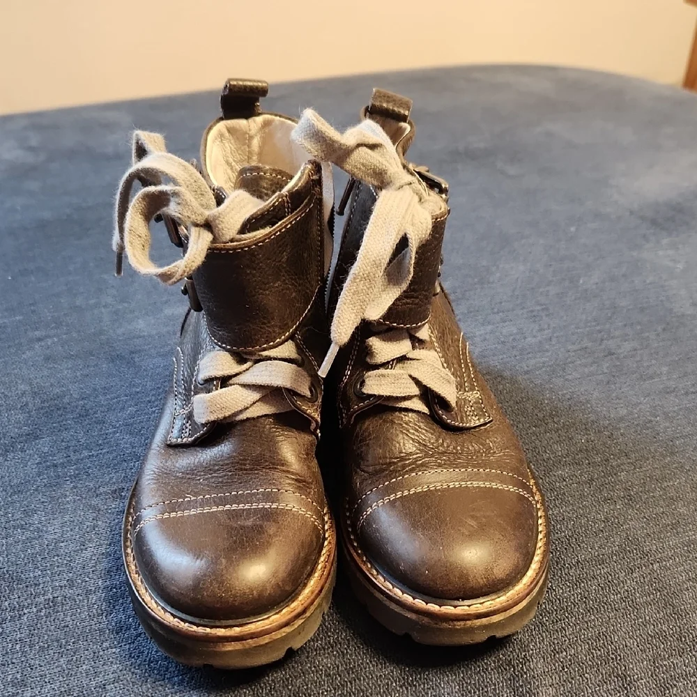 Montelpare Kids Brown Leather Double Bukled Zip-up & Lace-up Ankle Boots sz 27
